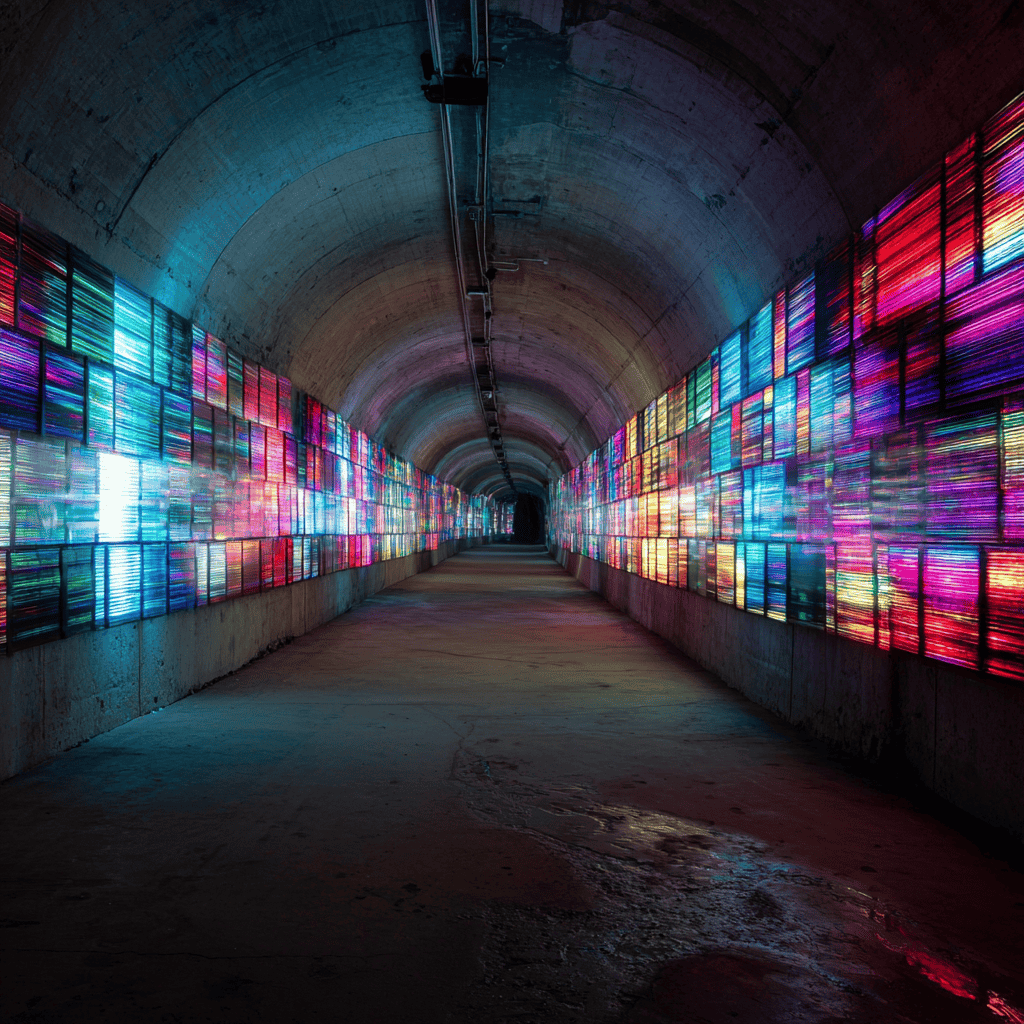 A renowned digital artist standing before their interactive light sculpture