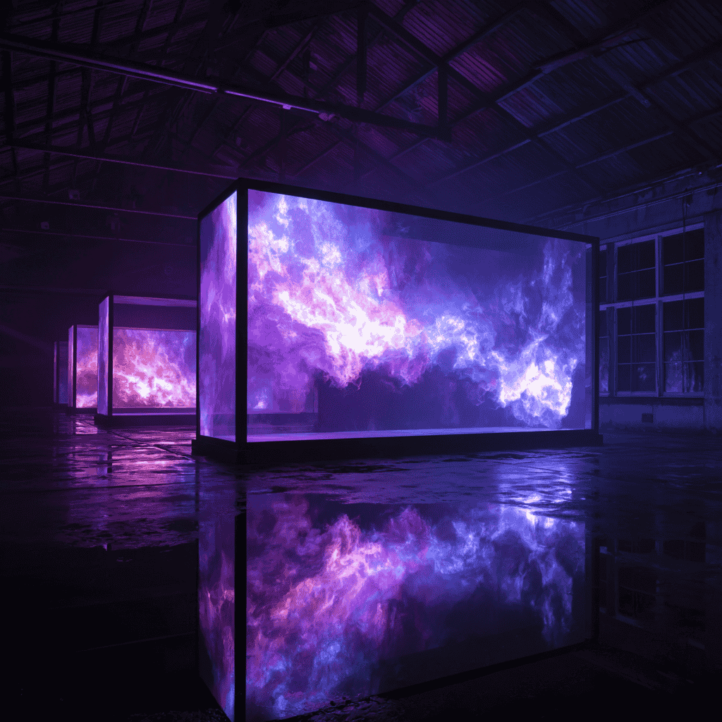 A vibrant digital art projection filling a large architectural space