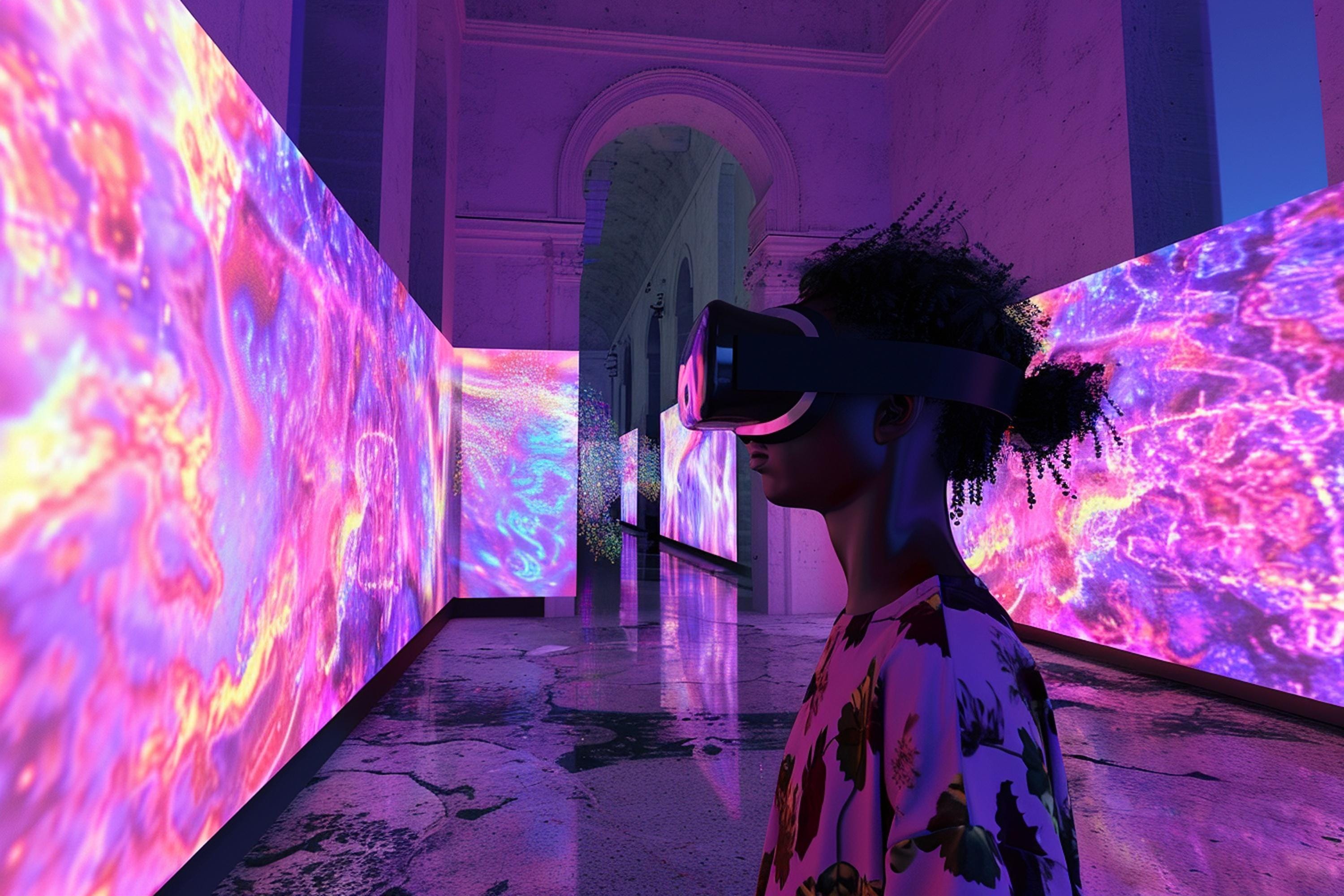 Attendees at a digital art festival interacting with a large screen