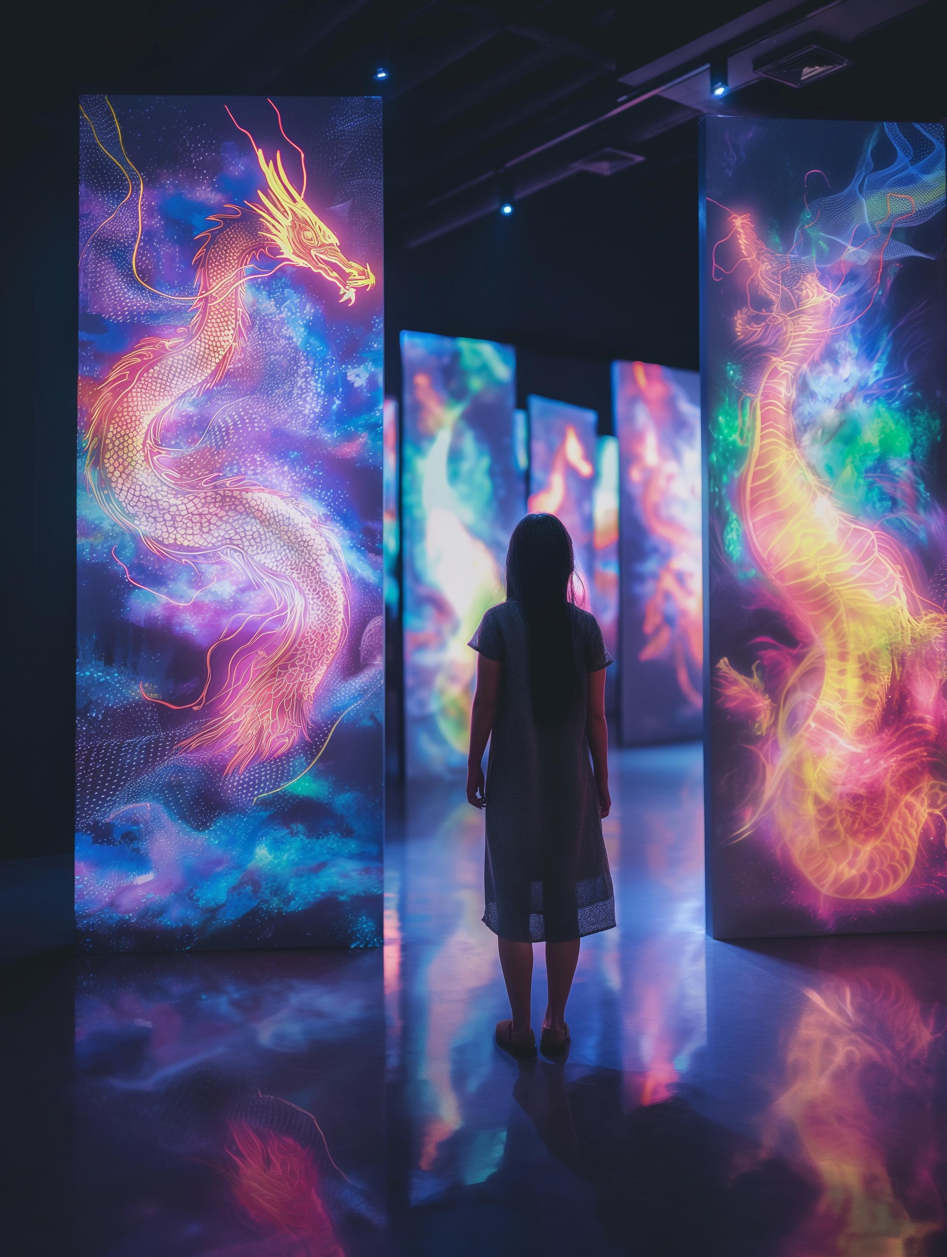 A person captivated by a vibrant glowing interactive digital art experience